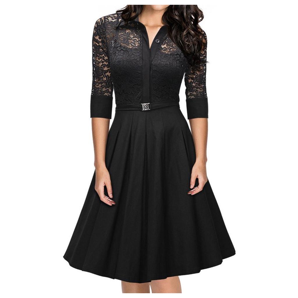 Plus Size Women Lace Long Sleeve Midi Dress Ladies Cocktail Evening Party Dress
