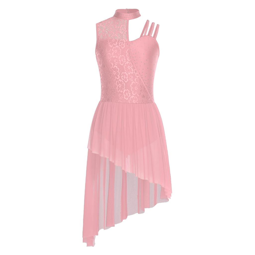 Womens Lyrical Dance Leotard Dress Floral Lace Rhinestones Irregular Hem Openable Crotch One Piece Asymmetrical Dress