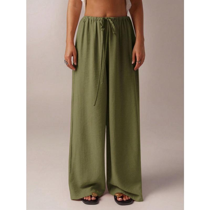 Women Casual Loose Solid Color Low Waist Wide Leg Straight Floor Length Long Pants