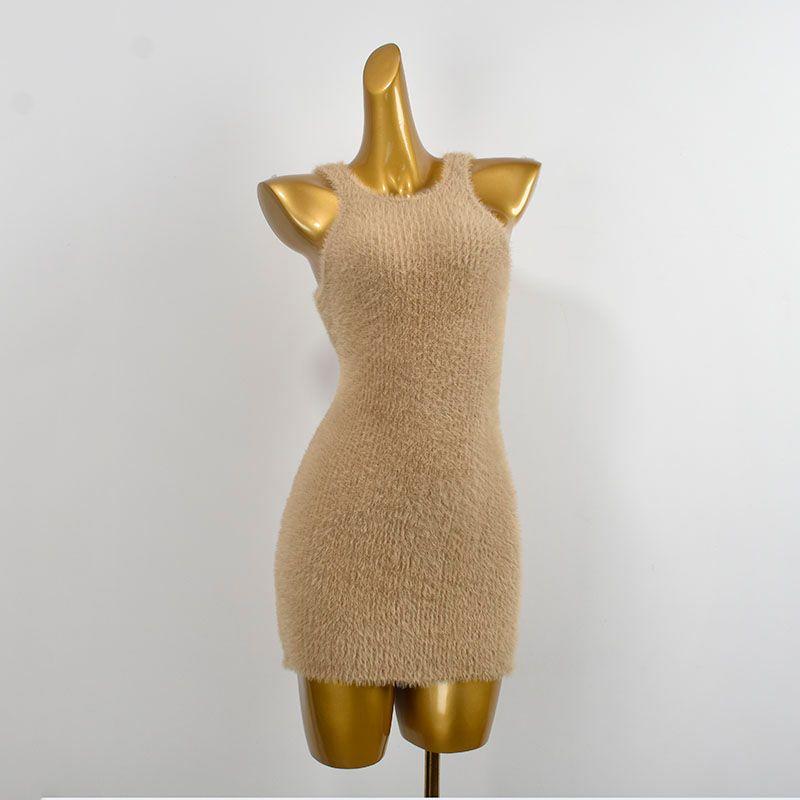 

Withdraw from Cupboard Autumn Solid Color Knitting Mink-like Wool Sleeveless Silm Soft Furry Hip-Wrapped Sleeveless Dress Women s Clothing Khakis All yards