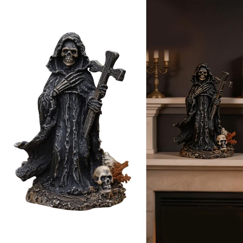 Dunkle Kapuzen-Totenkopf-Figur zur Regaldekoration, 15 cm hoch, saisonaler Raumakzent für Eingangsbereich, Wohnzimmer und Party-Dekoration