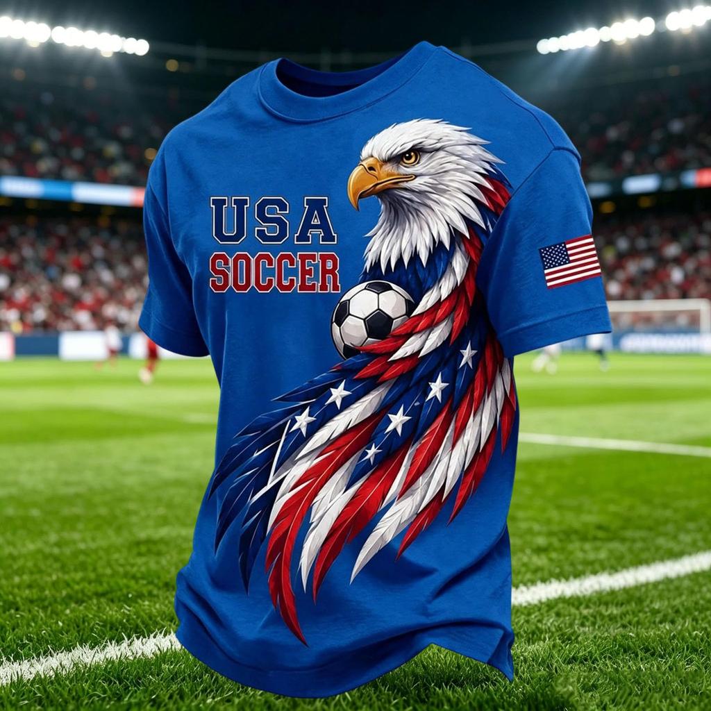 Men's Casual V Neck Breathable Short Sleeve Shirt Soccer Graphic Print Lightweight Comfortable Fit USA Theme
