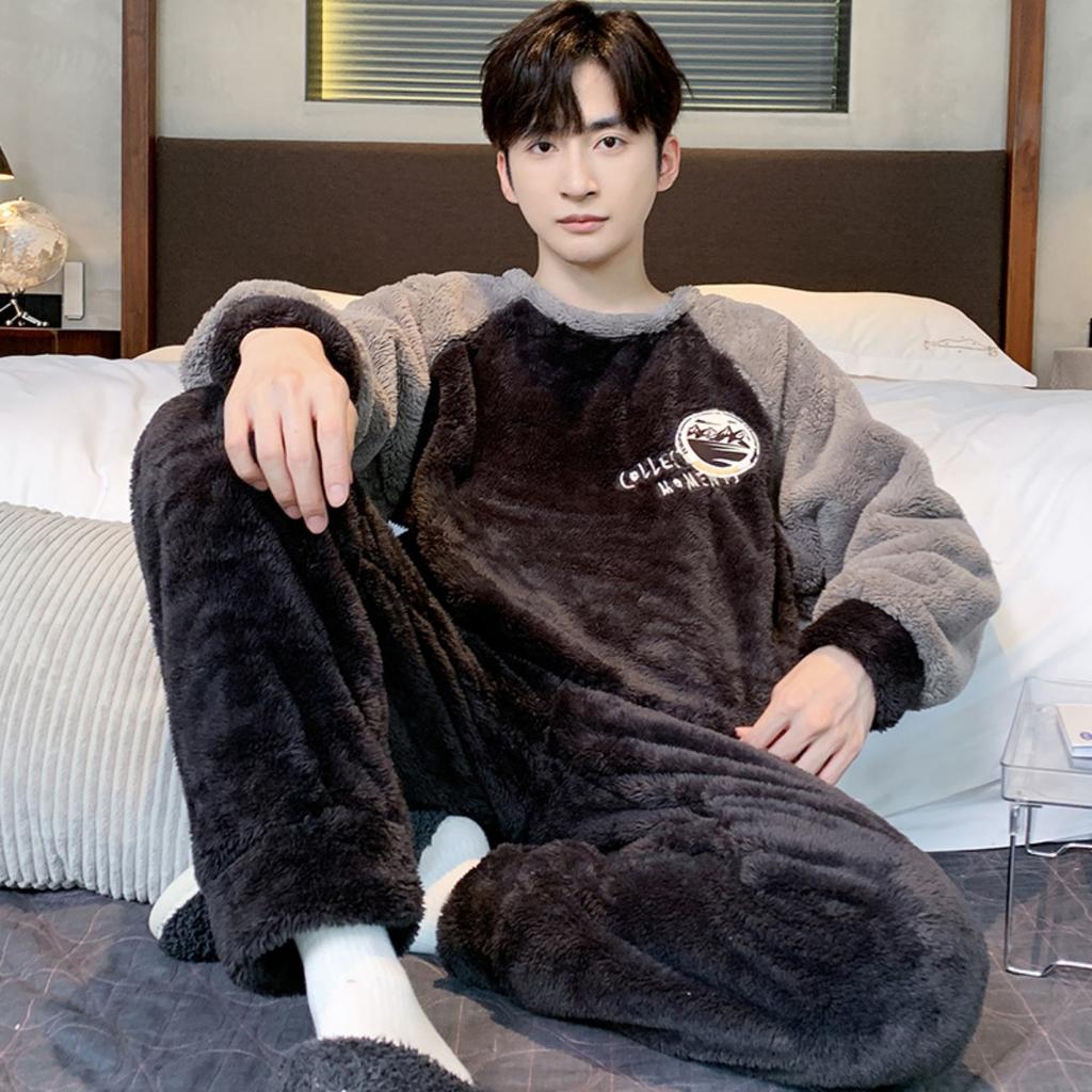 Winter, Coral Fleece, Pajamas, Men's Clothing, Thickened Fleece, Round Neck, Long Sleeved Pants, Suits, Home Clothes