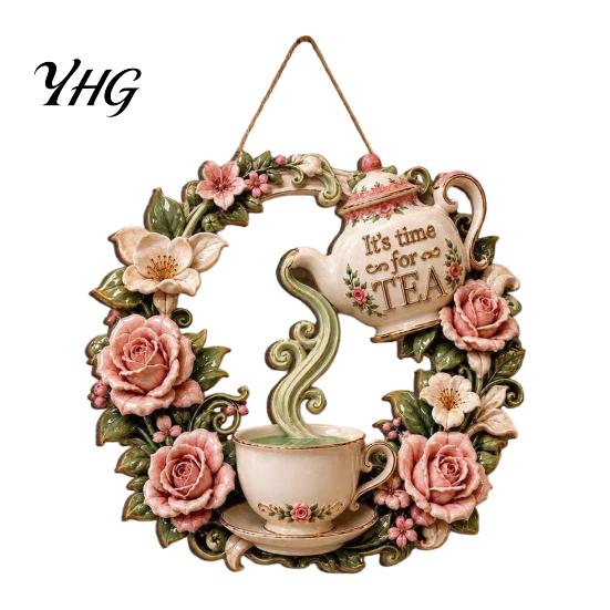 Rust Resistant Garden Decorations It's Time for Tea Door Sign, Metal Floral Wreath Hanger with Teapot Teacup Design, Decor Rustic Wall Kitchen Dining
