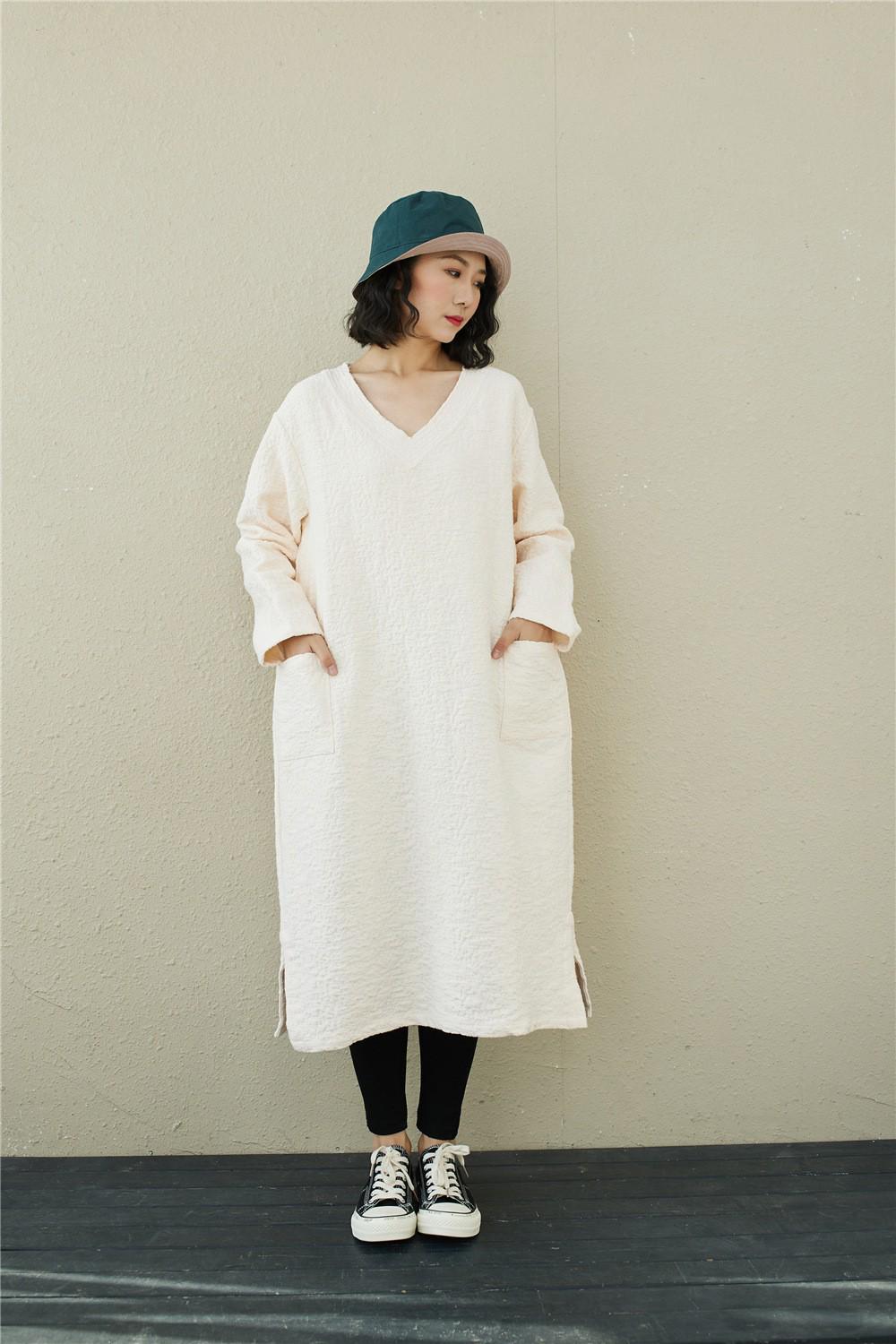 

Retro V-Neck Jacquard Cotton Linen Dress - Autumn/Winter Collection Single Layer бежевый