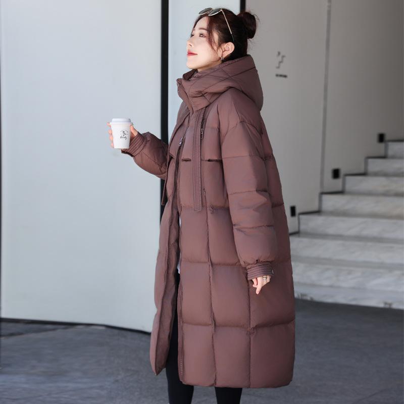 Daunenkleidung Damen mit Kapuze verdickt Bänder lange Daunenkleidung große Steppdecke über dem Knie lässige Damenjacke