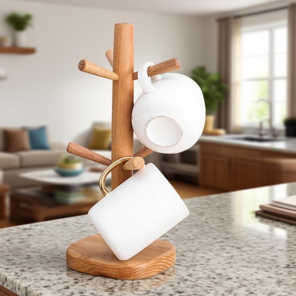Wooden Mug Hanging Display Rack 6 Hooks Tea Cups Drainer Tabletop Drinkware Shelf  Home Decor