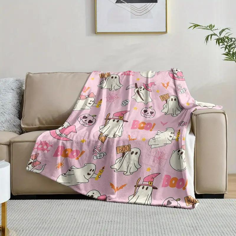 1 Halloween flannel blanket - cute ghosts, pumpkins, spiders and candies, perfect for bed, sofa, office, camping