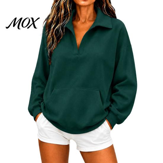 Ribbed Cuff Pullover Women V-Neck Sweatshirt with Kangaroo Pocket, Fit Drop-Shoulder Top, Loose Casual Long Sleeve Top for Autumn Winter Drop Shoulder