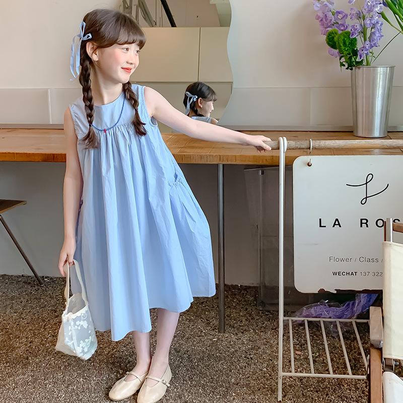 Summer Children Girl Sleeveless Dress 2-10Y Kids Girl Round Collar Infant Babys Girl Dress Cotton Side Pockets Little Girl Dress