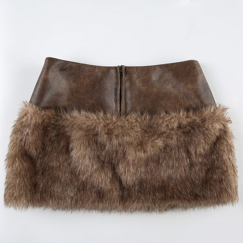 Fashion Fur Patchwork Leather Skirt Women's Short Low Waist Slim Fit Hot Girl Hip Skirt