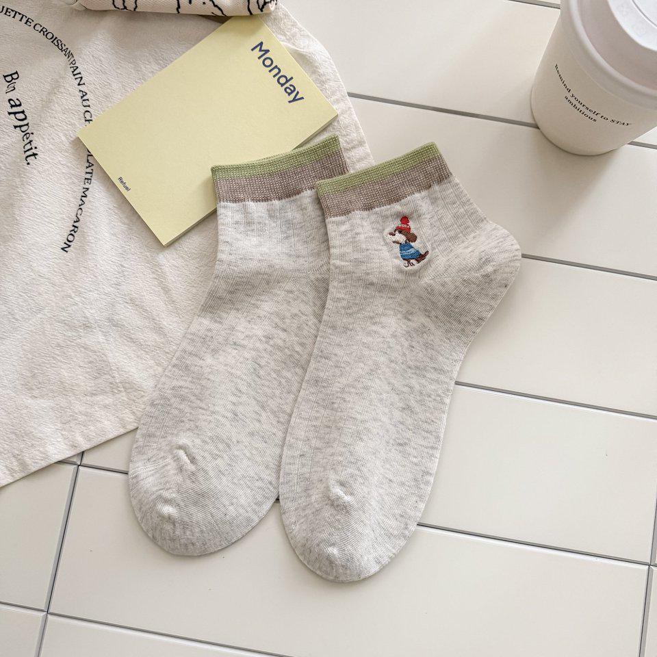 Women's Cute Cartoon Embroidered Ankle Socks - Breathable, Thin, Color Block, Ribbed Cuff for Spring/Summer