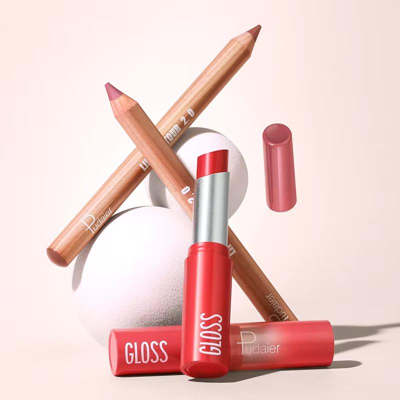 2 ks Sady kombinací tužky na rty, lesku na rty a rtěnky, efekt vodního světla s vysokým leskem, lesklá želé pevná rtěnka a matná konturovací tužka na rty pro konturovací make-up