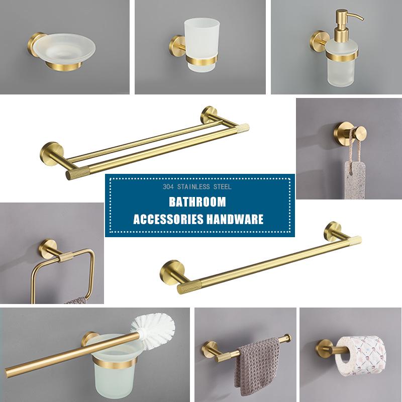 European Luxury Brass Bathroom Set: Knurled Towel Bar, Tissue Holder, Coat Hook, Toilet Brush, Soap Dispenser, Towel Ring.