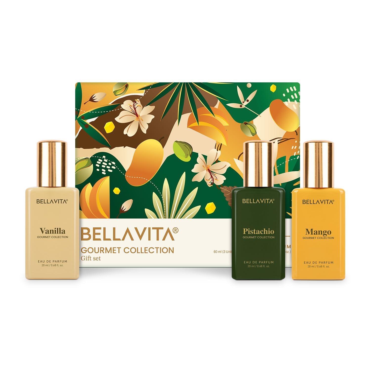Bellavita Gourmet Collection Geschenkset 3x20ml Langanhaltendes Parfüm für Damen und Herren Vanille Mango Weißer Moschus Fruchtiger Duft