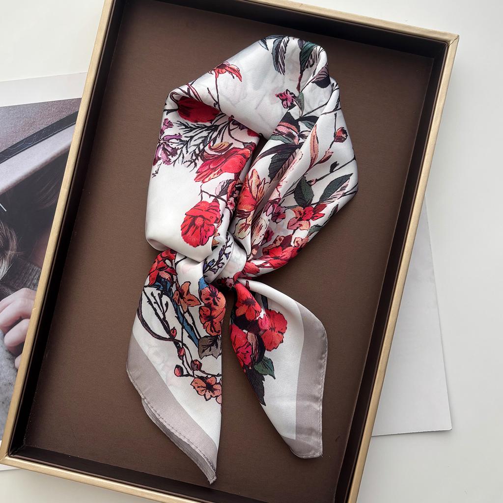 Luxury Square Scarf For Women Elegant Ladies Hijab Fashion Floral Neckerchief Shawl For Travel Soft Stain Imitation Silk Scarves