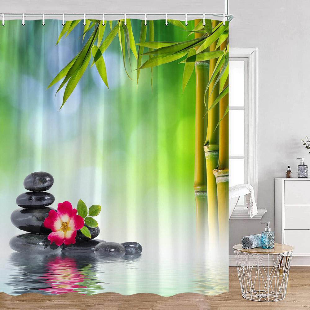 Zen Green Bamboo Shower Curtain Orchid Buddha Meditation Black Stone Candle Stream Plant Bathroom Decor Polyester Bath Curtain