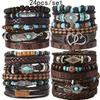 Retro European & American Men's Bracelet Set: Heart, Sunflower, Feather, Multi-Layer Design, 6-Piece