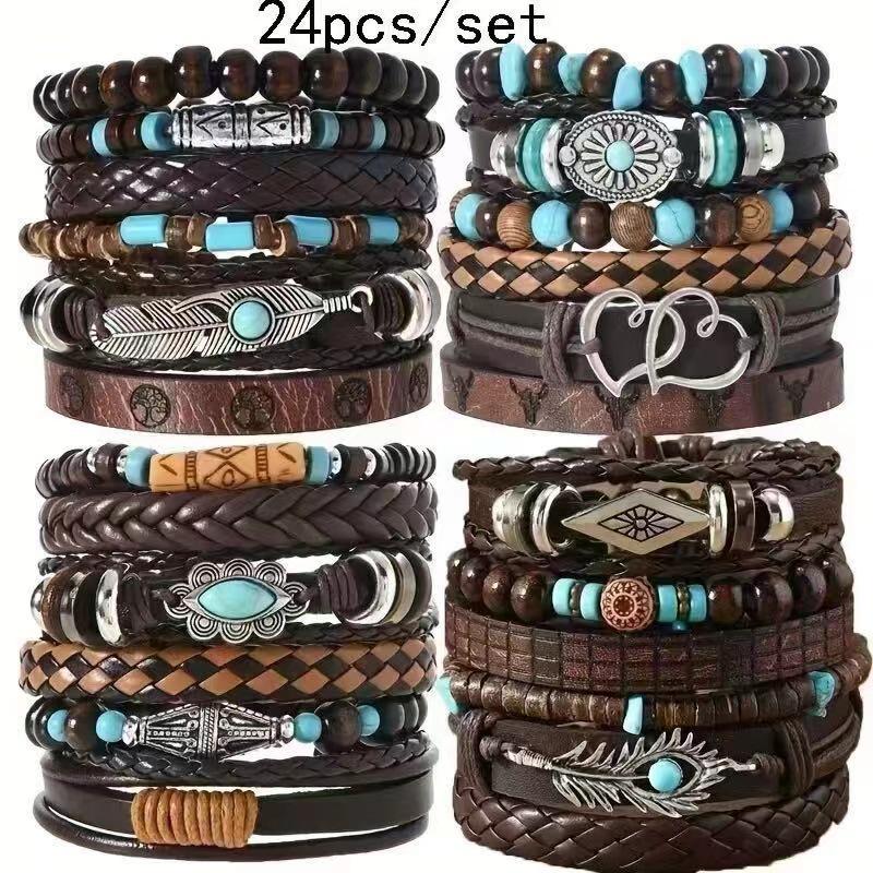 Retro European & American Men's Bracelet Set: Heart, Sunflower, Feather, Multi-Layer Design, 6-Piece