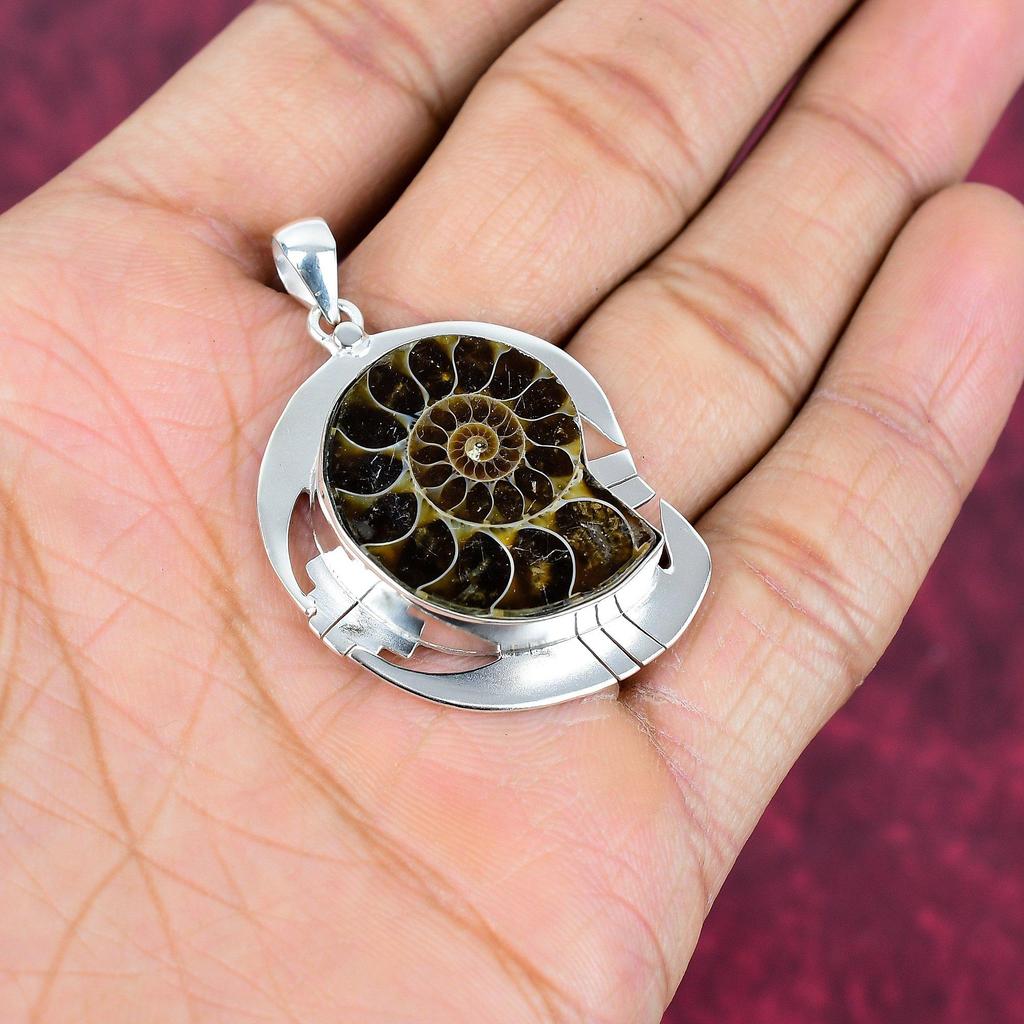 Ammonit Fossil 925 Sterling Silber Anhänger, handgefertigter Edelstein Schmuck Anhänger zum Gedenktag