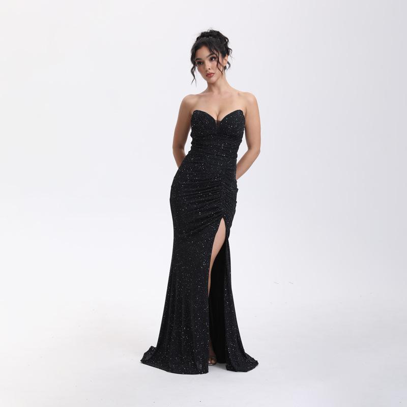2025 Summer New Product Fashionable and Elegant Solid Color Tube Top, Backless Slim Fit, High Split Fork Fine Flash Hip Dress