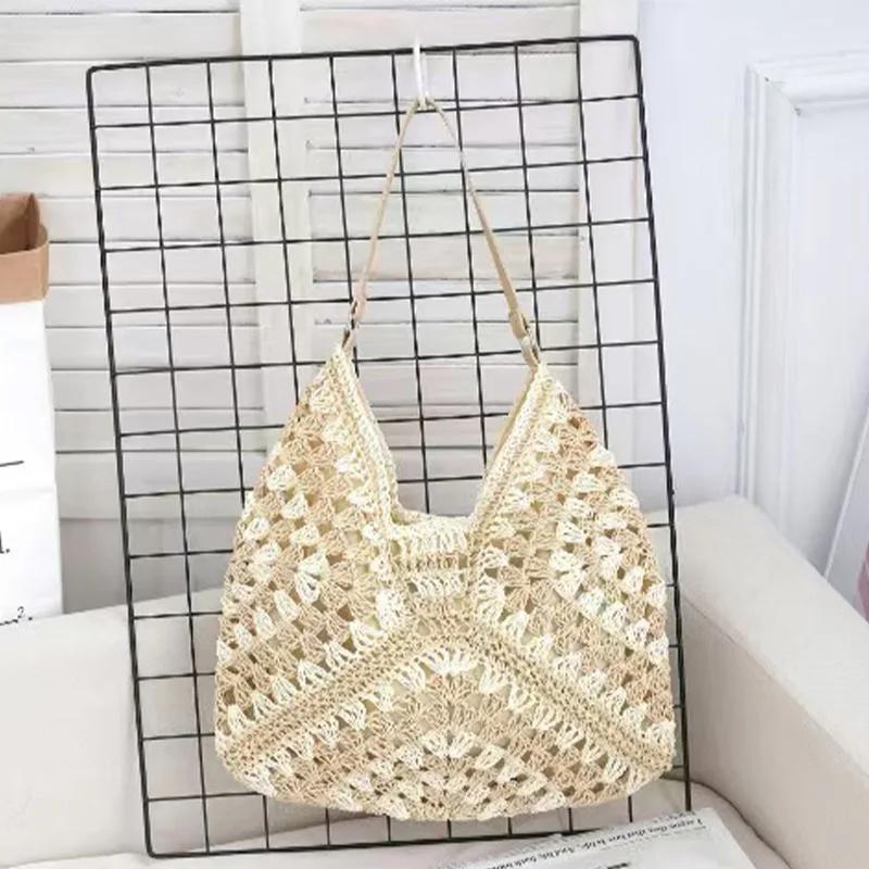 Hollow Out Woven Shoulder Bag Fashi Versatile Bohemian Beach Vacati Handbag Color-blocked Design Women's Underarm Bag