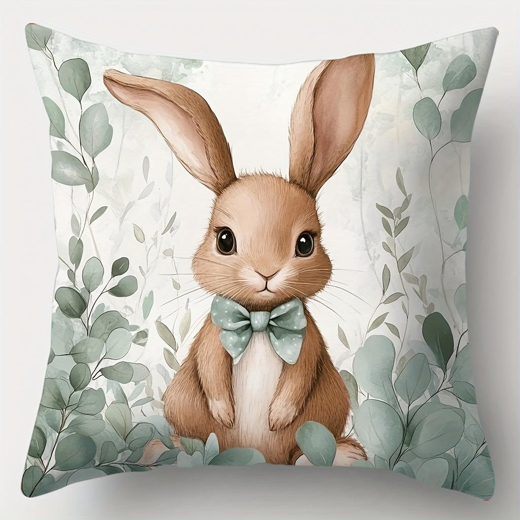 Easter Theme Bunny Cushion Covers Square White Rabbit Brown Rabbit Embracing Easter Egg Printed Pillowcase Sofa Bedroom Decor