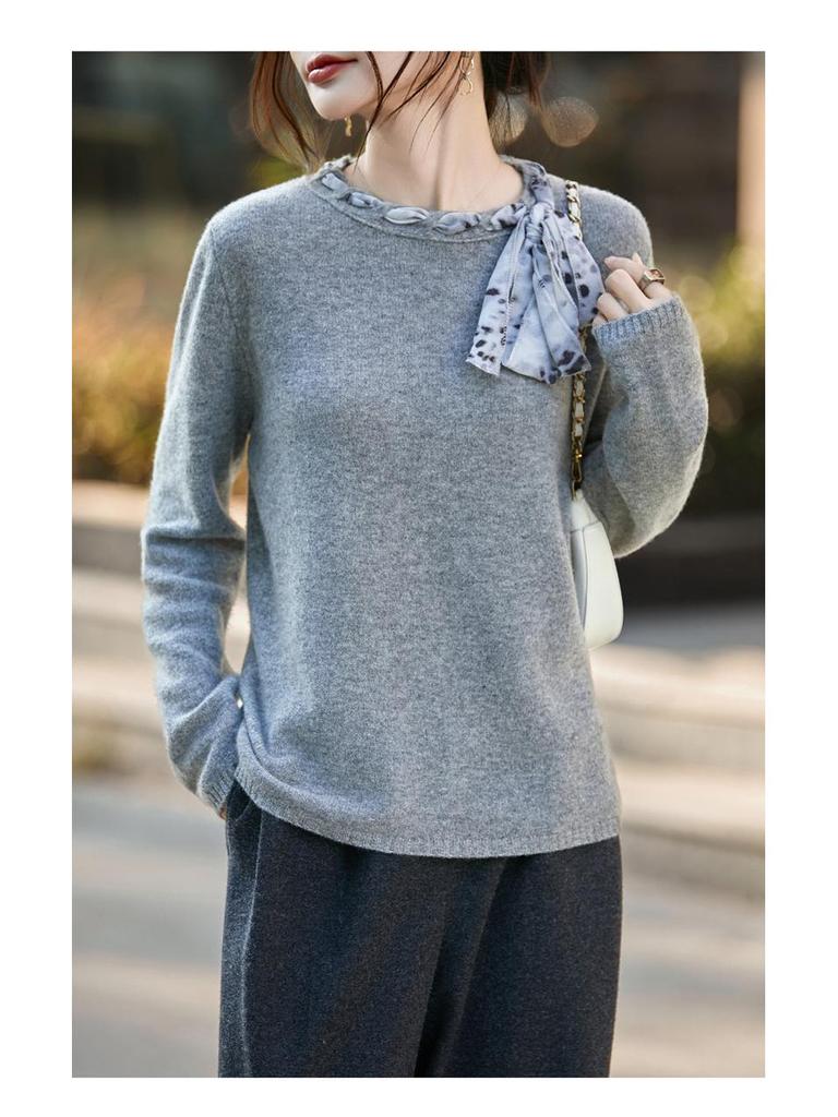 2025 Autumn/Winter Women's Loose Round Neck Ribbon Knit Sweater - Long Sleeve, Cozy Wool Jumper, Elegant Ladies' Top