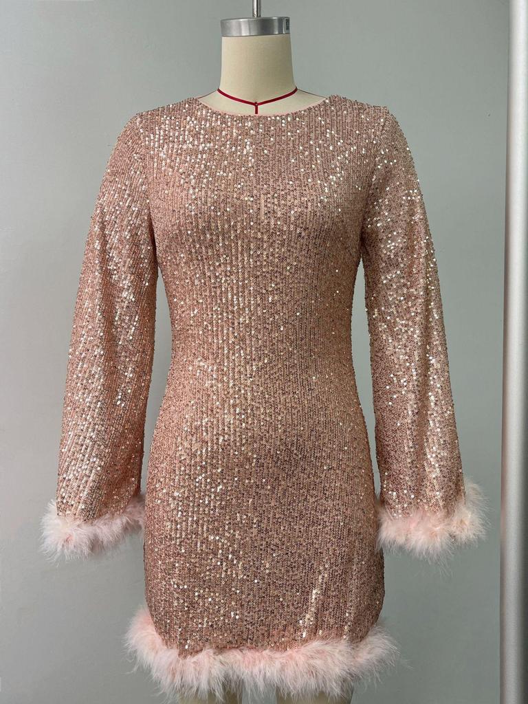 Autumn Sequin Feather Long Sleeve Backless Evening Dress - Waist-Cinching Short Skirt Design for Women