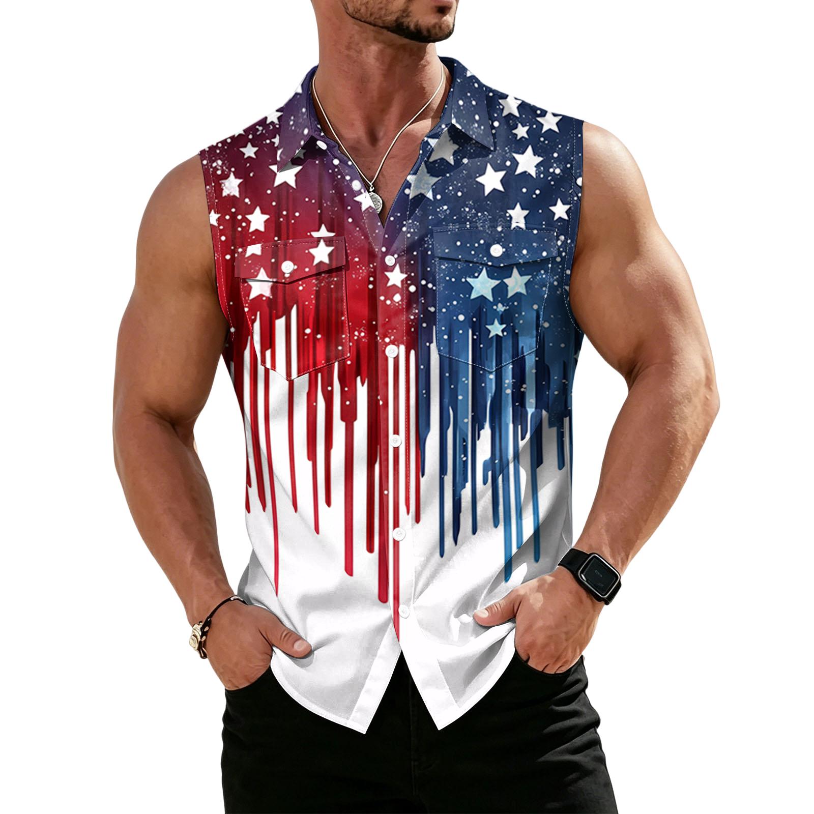 

Men’s Sleeveless Button Down Shirt with Abstract Flag Print Casual Collared Top for Summer Outdoor Activities S
