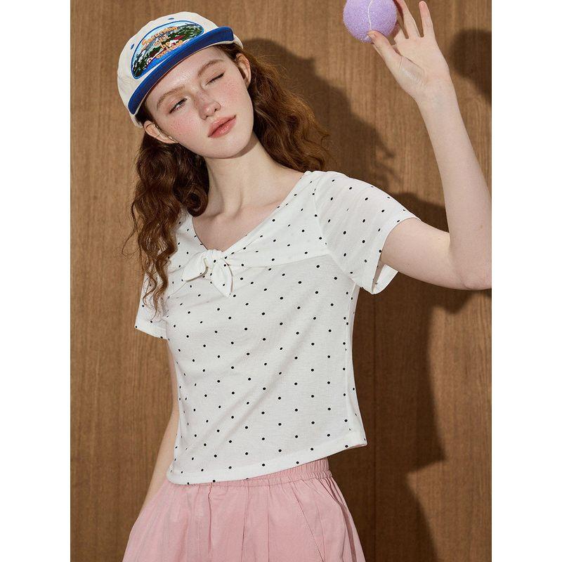 Coolhut2025 Summer Polka Dot Bow Tie Slim Short-Sleeved Retro Elegant Women's T-Shirt