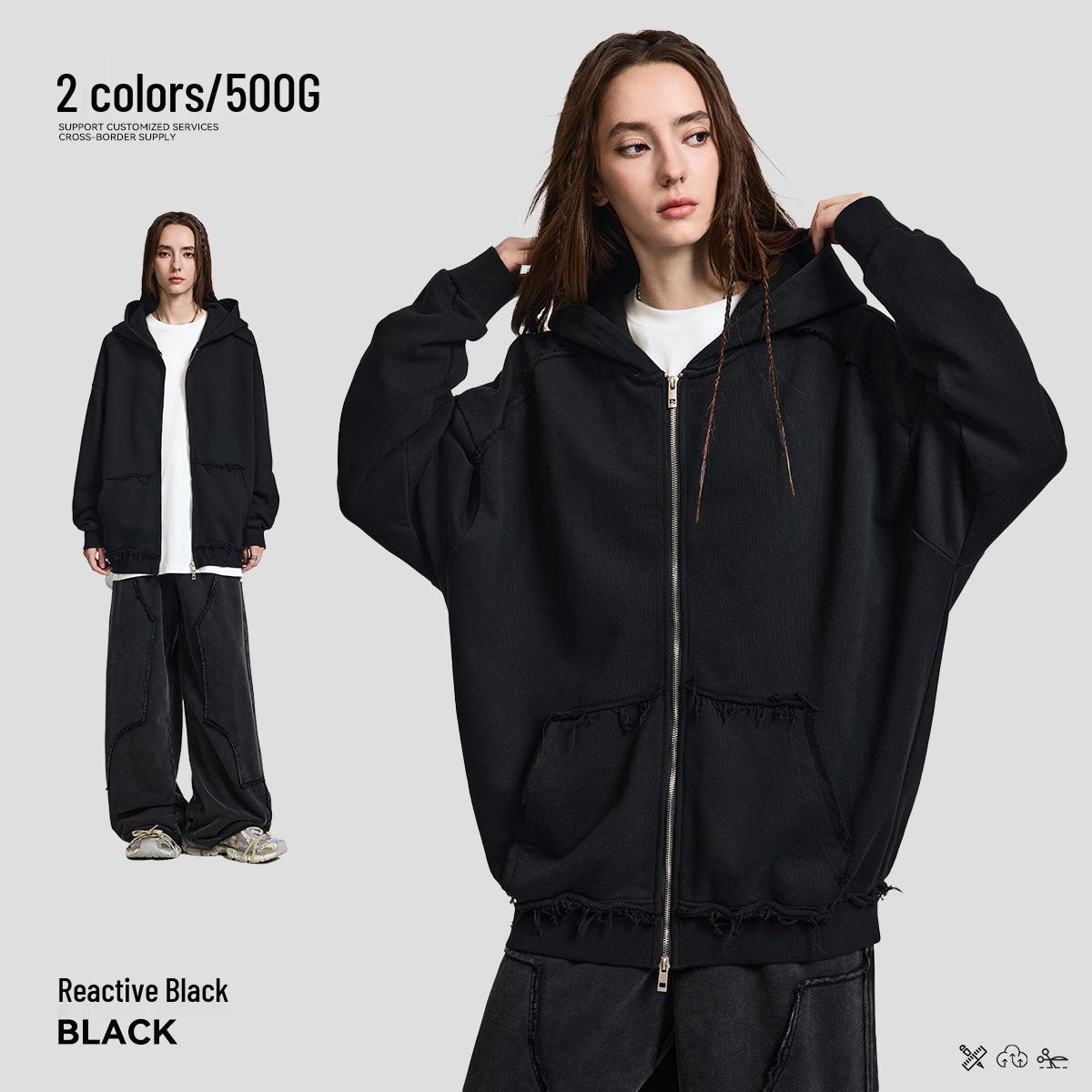 500G Pure Cotton Heavyweight Hoodie - Raw Edge Patchwork Zipper Sweatshirt for Men 2XL