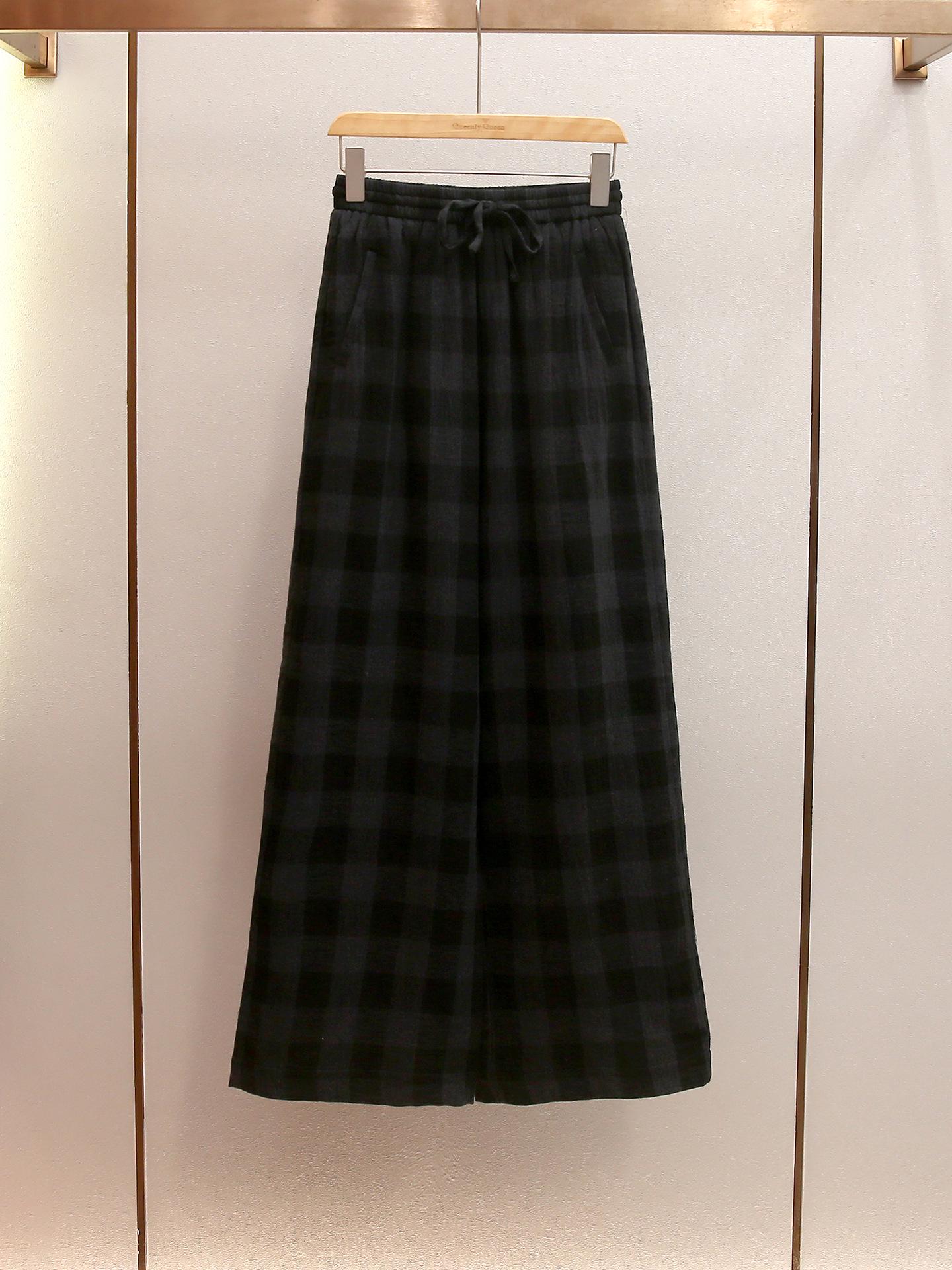 

Spring Retro Plaid Wide-Leg Women s Pants - Versatile, Simple Style with Elastic Waist XS темно-серого