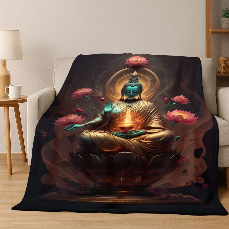 Buddha Shakyamuni Faith Cartoon Flannel Blanket Soft Warm Throw Blanket for Bedroom Living Room Bed Travel Camping Picnic Gift