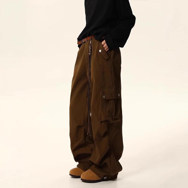 American Retro Maillard Brown Unisex Paratrooper Overalls - Autumn Loose Straight Wide-Leg Casual Pants