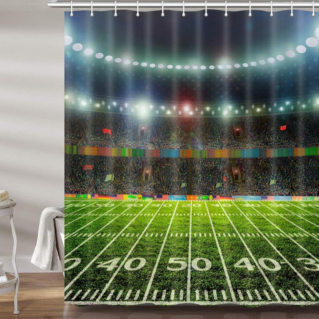 Football Field Shower Curtains for Bathroom, Sports Theme Bath Curtain Set for Men, Fabric Bathroom Accessories Restroom Decor 12 Hooks Included (69"