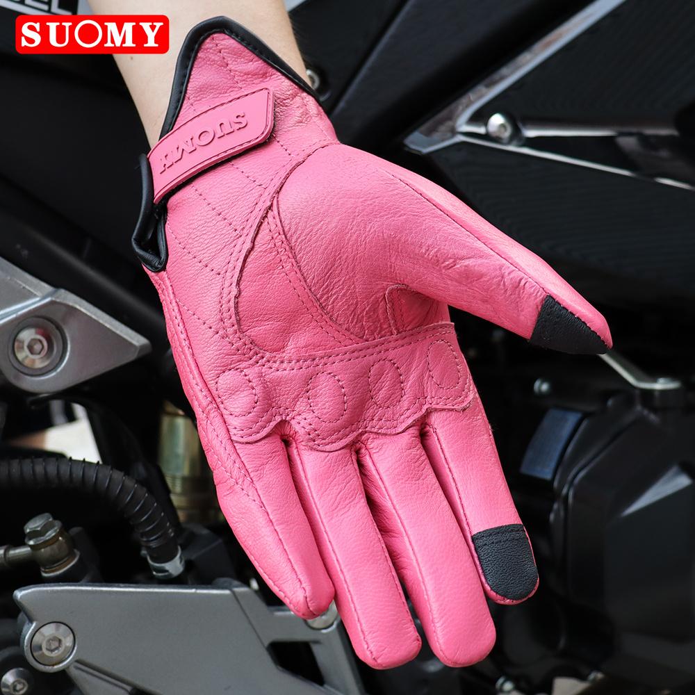 SUOMY Lady Pink Retro Leather Motorcycle Gloves Women Touchscreen Motocross Gloves Hard Shell Protective Motorbike Glove XS-L