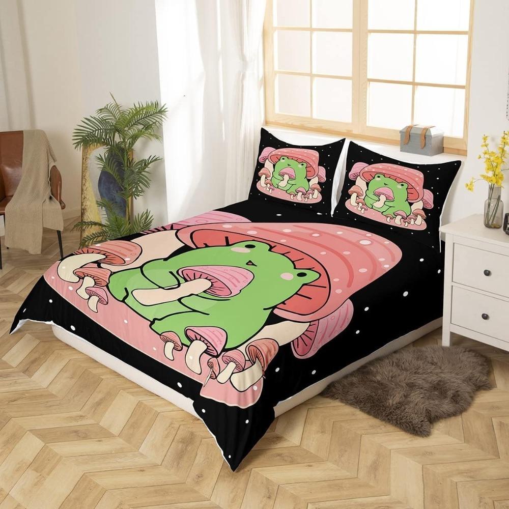 Cartoon Mushroom Frog for Childrenduvet Cover Microfibre Duvet Cover Adult Bedding Room Decoration Belt Zip and 2 Pillowcases