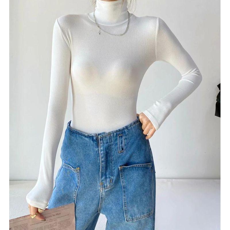 

Autumn New Long Sleeves Turtleneck One-Piece Women s T-shirt Stretch Cotton Silm Crotch One-Piece Pure Color Elegant Inner Wear Blouse White L