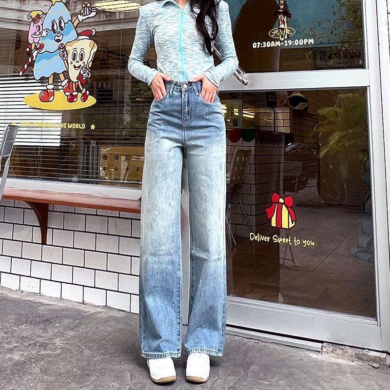 

Women s Retro Wide-Leg Rhinestone Denim Pants for Spring and Autumn Medium