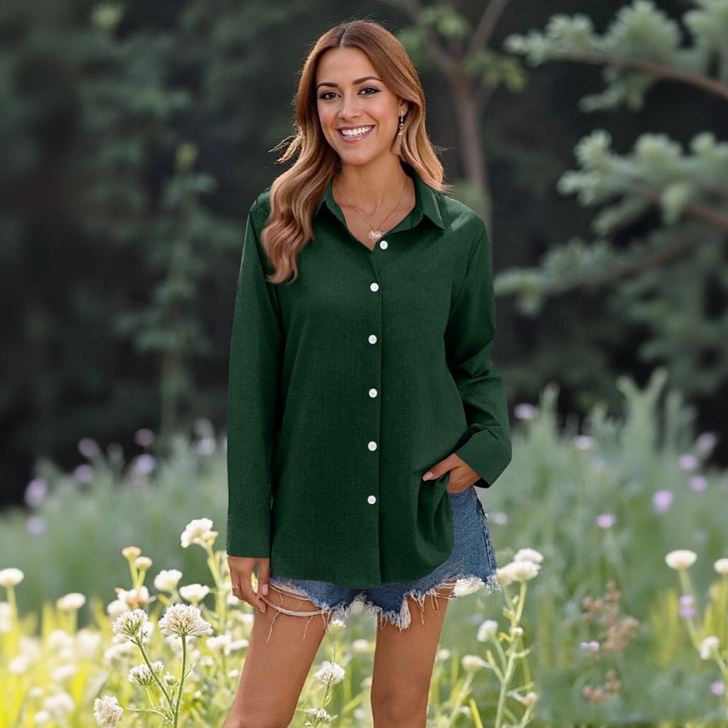 Women's Casual Solid Color Tops Long Sleeve Button Loose Breathable Shirt