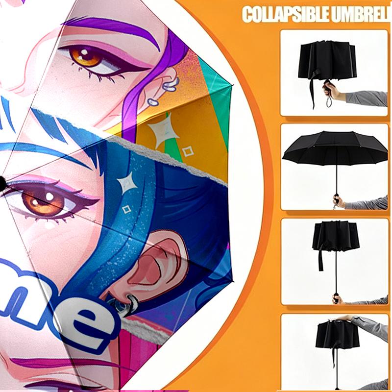 Custom Name Personalized KPop Hunters Print Umbrella, Auto Open Close, 8‑Rib Sturdy Frame, Commute Camping Hiking Use, Birthday Gift