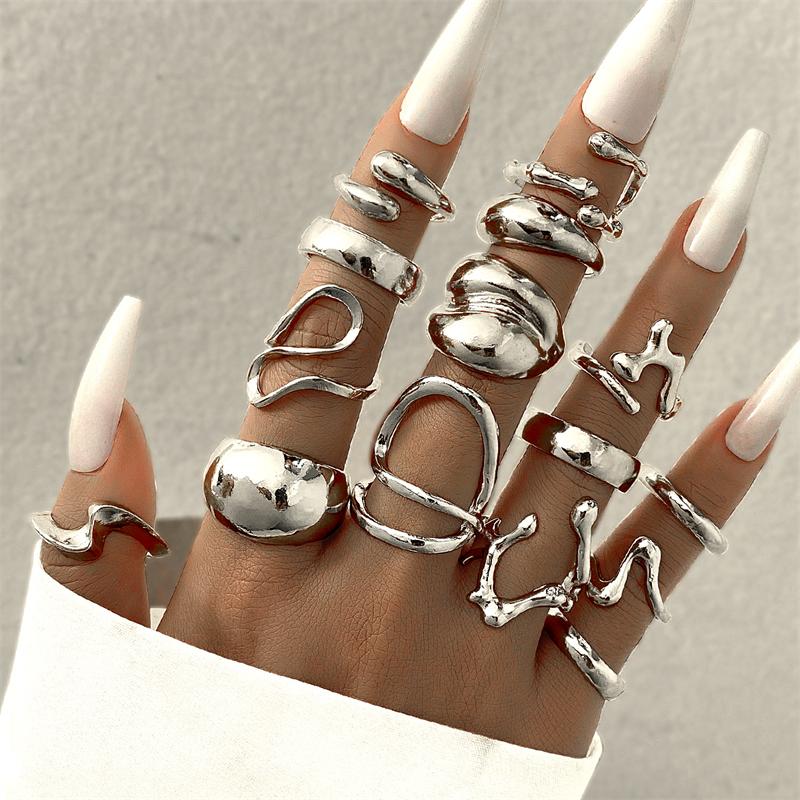 15Pcs Y2K Liquid Metal Irregular Rings Set for Women Silver Color Punk Grunge Goth Geometric Open Ring Kit Party Jewelry Gift