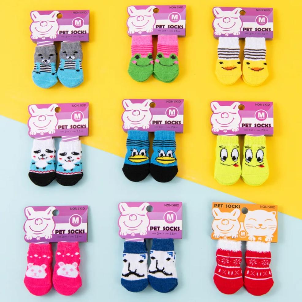 4 Pcs/set Cat and Puppy Shoes Of Cute Pet Dog Socks with Printed Non-slip To Protect and Prevent Dirt Warm Pet Puppy Socks