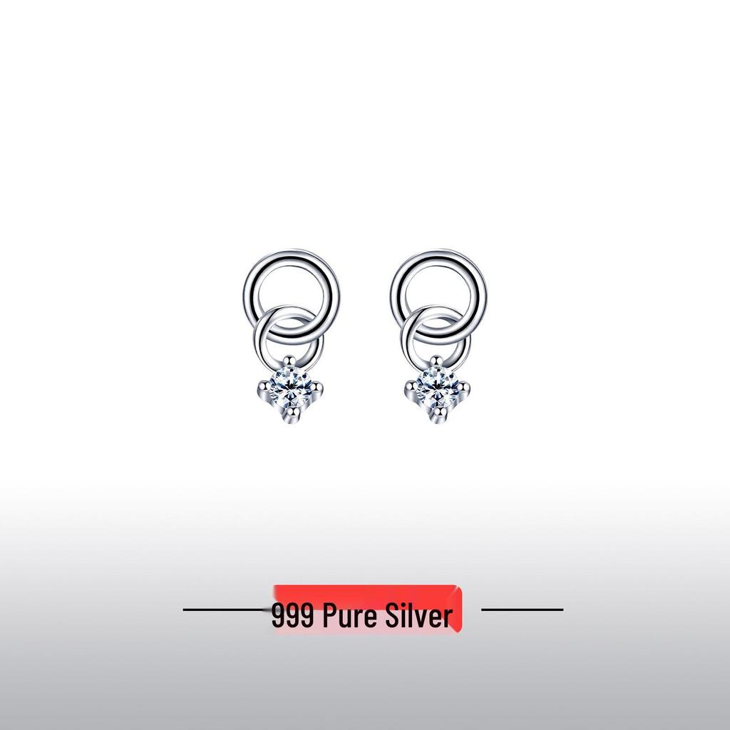 S999 Sterling Silver Geometric Double Ring Stud Earrings - Simple Design Silver Earring Accessories