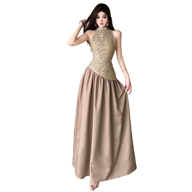2026 European and American spring fashion new woven gold fabric splicing satin sleeveless dress dress