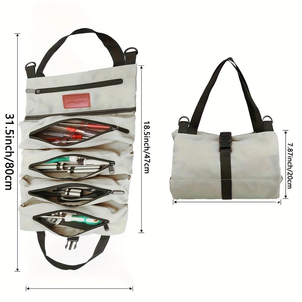1 pc Tool Roll Organizer, Wrench Roll Up Pouch Bag with 5 Zipper Pockets Canvas Tool Roll, 16 OZ Canvas Wrench Tool Organizer