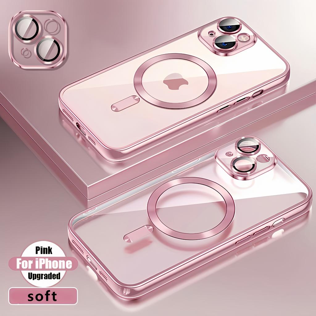 iPhone 16 15 14 13 12 11 Pro Max Plus Case Ultra Thin 0.3mm Clear Pink, Luxury Magnetic Lens Protector Cover, Anti-Scratch Phone Shell