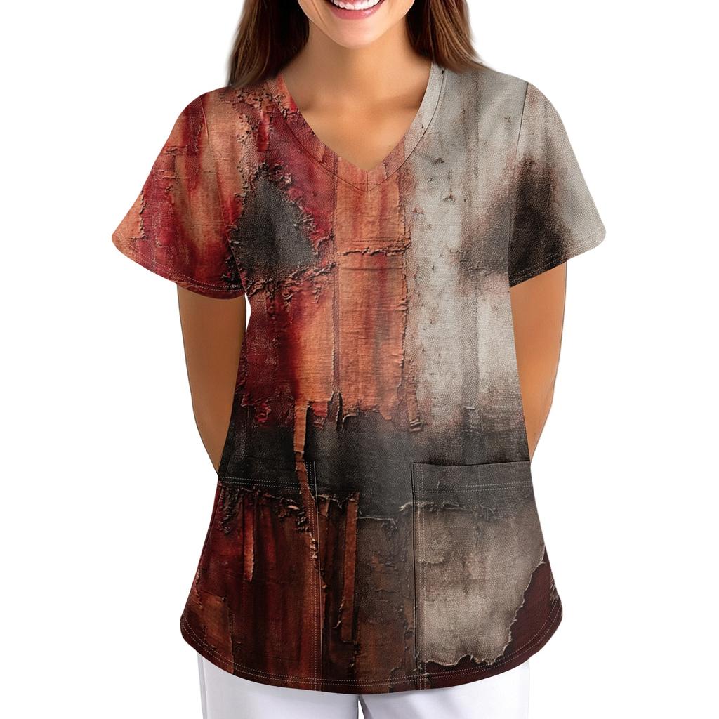 Women's Halloween Print Loose Fit V Neck Short Sleeve Medical Scrub Top with Pockets for Healthcare Professionals Comfortable Workwear