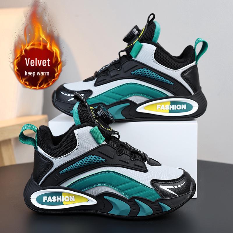 Boys' Winter Sneakers: Velvet-Lined, Rotating Buckle, Cotton Basketball Shoes for Big Kids